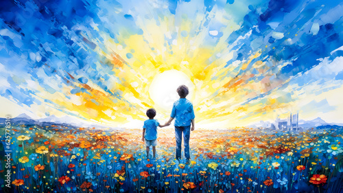 Illustration painting of happy relationship moment with kid or child,friendship or family in colorful flower field blooming.background for book cover.generative ai technology