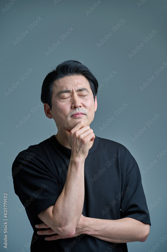Middle-aged male office worker in casual clothes, various expressions of emotions Middle-aged male office worker in casual clothes, various expressions of emotions