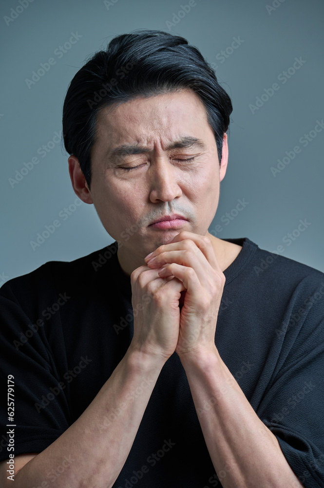 Middle-aged male office worker in casual clothes, various expressions of emotions