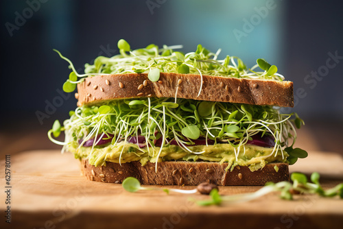 Avocado sandwich with microgreen sprouts on wooden cutting board.