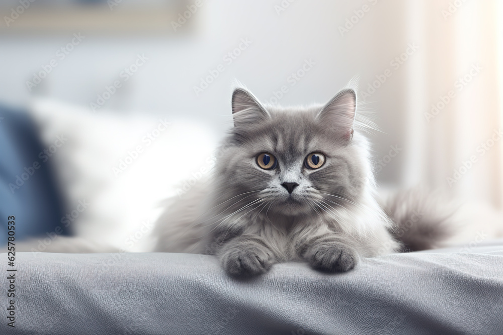 Image of cute silver lambkin cat lying on sofa. Pet. animals. Illustration, Generative AI.