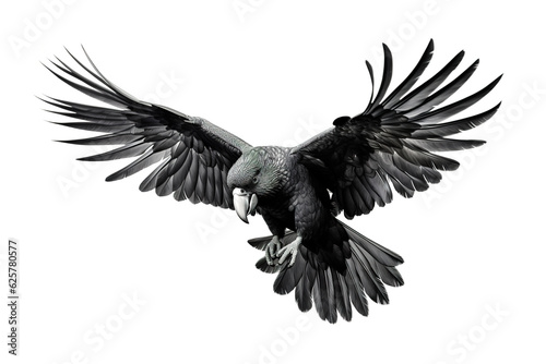 Image of a long-billed black cockatoo with spread wings in flight on a white background. Wildlife. Bird. Illustration, Generative AI.