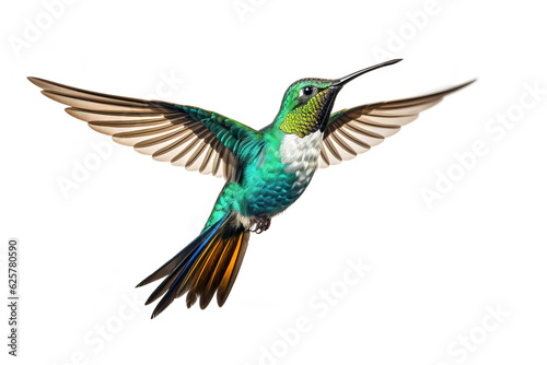 Image of a hummingbird with spread wings in flight on a white background. Wildlife. Bird. Illustration  Generative AI.
