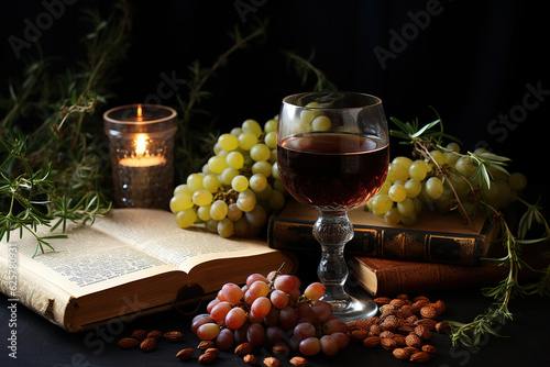 Still life with wine, book and grapes on a dark background.