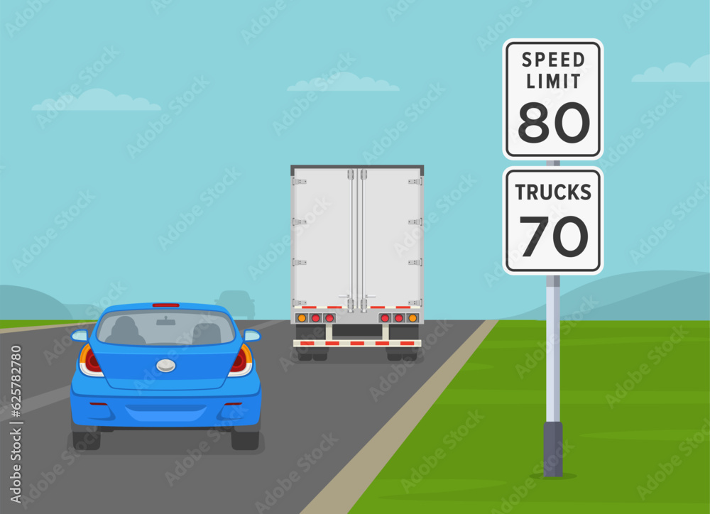 Speed limit for trucks and other vehicles sign on country road. Back view of a truck and sedan car on highway. Flat vector illustration template.
