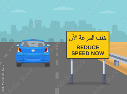 Safe driving tips and traffic regulation rules. Sign board indicating to reduce speed. Back view of a traffic flow on a desert highway. Flat vector illustration.