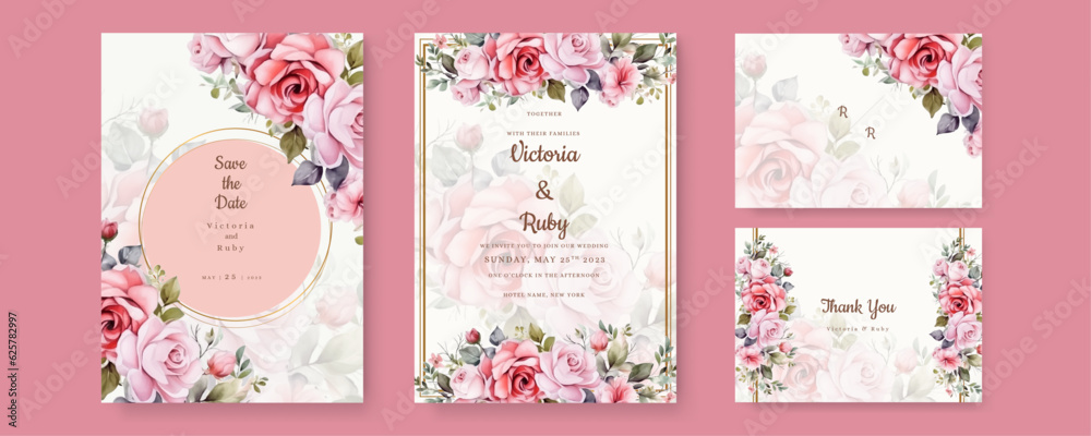 soft pink floral wedding invitation and menu template