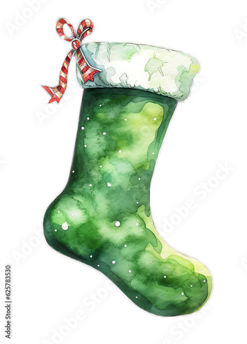 Green Christmas Stocking, Isolated Watercolor Illustration, Generative AI photo