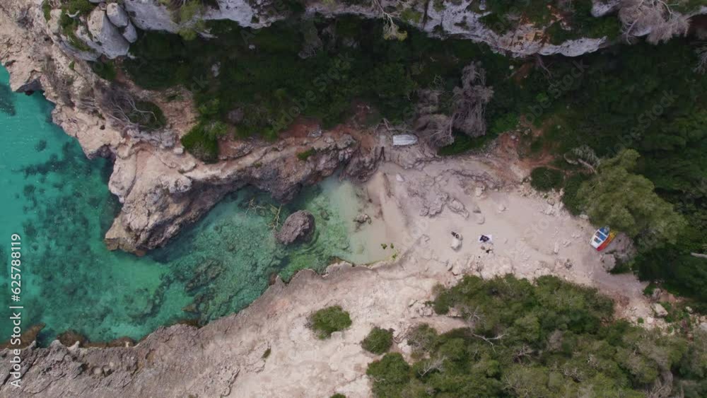 Top view of S'Almonia beach with turquoise blue water at Mallorca, aerial Top view of S'Almonia beach with turquoise blue water at Mallorca, aerial