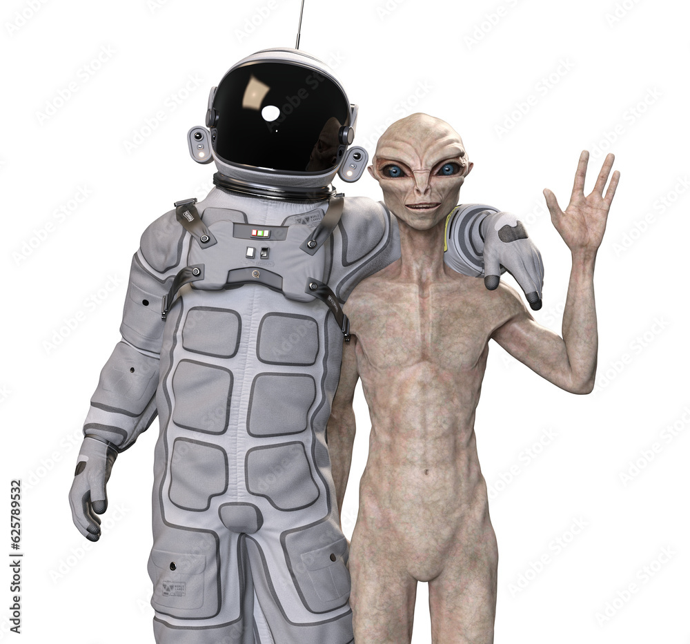 Astronaut and alien on transparent background, 3d render