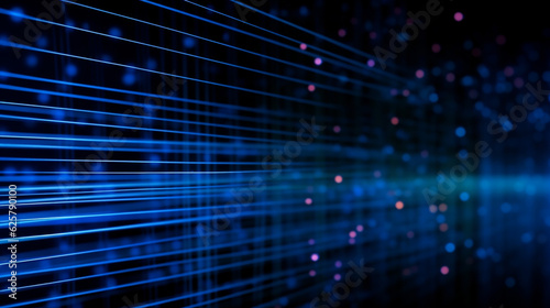 Blue light lines and dots from fiber optic wires on a dark background, computer communications idea background