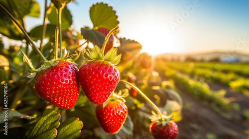 Strawberry ripening in the field at sunset  close up
