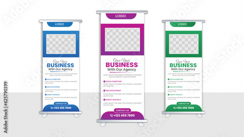 Creative corporate roll-up banner design in rectangular shape layout, geometric triangle, and exhibition ads pull up design x-banner design