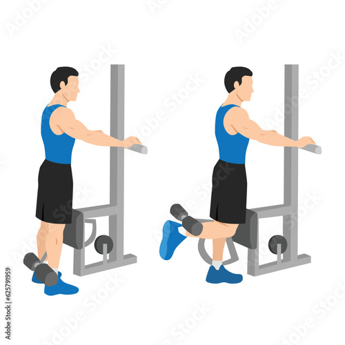 Man doing standing leg hamstring curls machine. Flat vector illustration isolated on white background