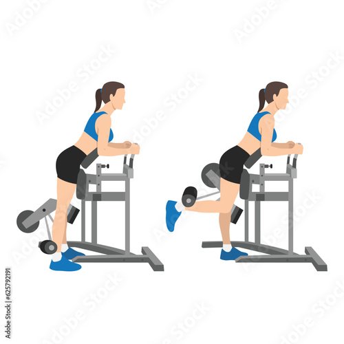 Woman doing standing leg hamstring curls machine. Flat vector illustration isolated on white background
