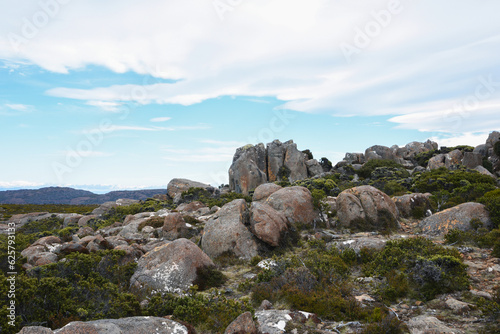 beautiful landscape vista of Mount Wellington tourist landmark in Hobart Tasmania in Australia,  with granite stones and scrubland nature © faestock