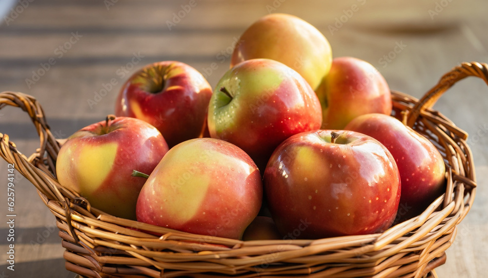 Fresh organic apples in wicker basket on table, Ai Generate Fresh organic apples in wicker basket on table, Ai Generate