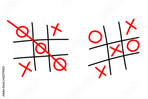 Hand drawn Tic tac toe. Sketch tictactoe kids game. X-O children game set. Win in tictactoe. Vector doodle illustration on white background. photo