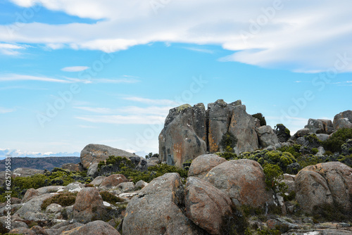beautiful landscape vista of Mount Wellington tourist landmark in Hobart Tasmania in Australia   with granite stones and scrubland nature