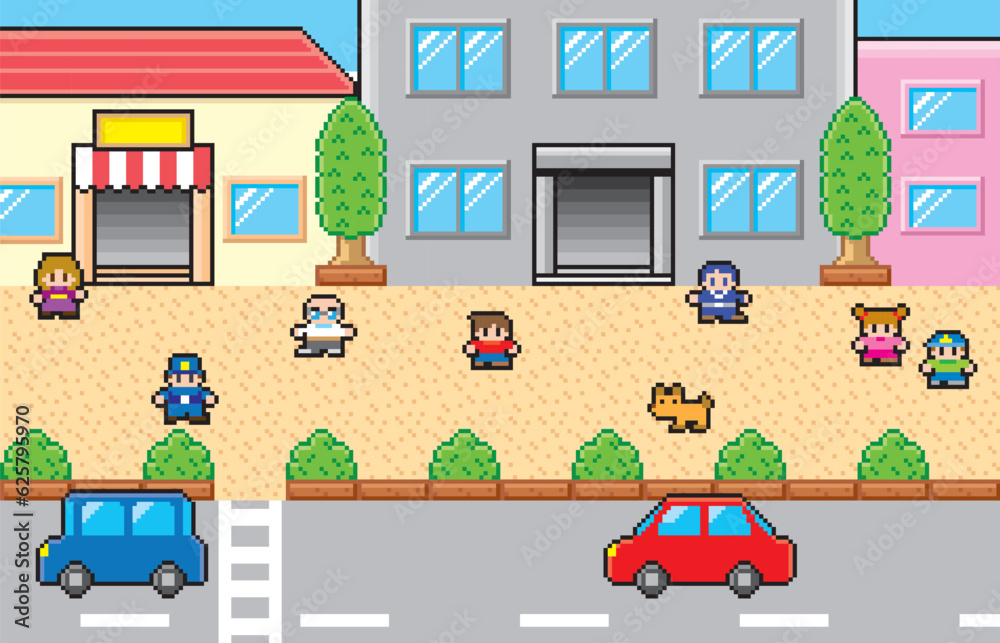 現代RPG風ドット絵 街 人物入り 現代RPG風ドット絵 街 人物入り