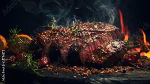 Canvas Print Grilled steak with melted barbeque sauce on a black and blurry background