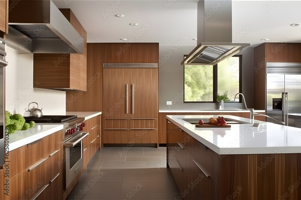 Contemporary kitchen with sleek countertops and minimalist cabinetry, flooded with natural light. Generative AI