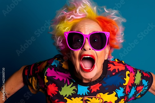 A funny image of a senior person wearing oversized sunglasses, a colorful wig, and a trendy graphic t-shirt, striking a cool and confident pose. Generative AI
