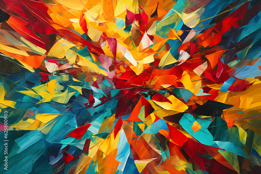 Modern abstract background with overlapping triangular elements in bold contrasting colors: red, yellow, teal. Dynamic composition that evokes a sense of excitement and vibrancy. Generative AI