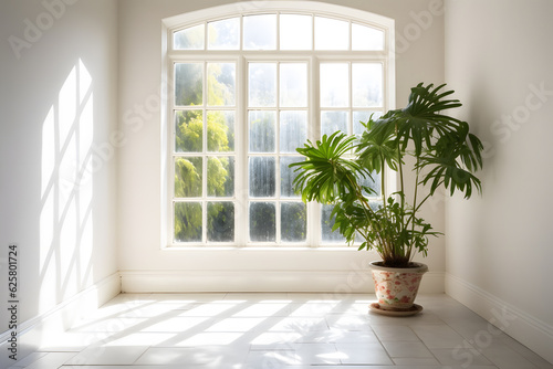 Light-filled conservatory with an empty wall and a single potted plant as a natural focal point. Generative AI