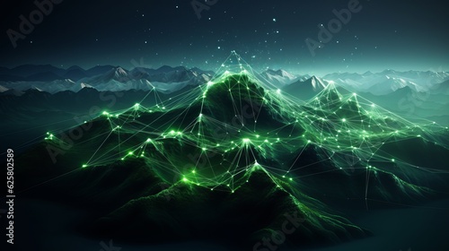 Mountain with a glowing lines and dots for technology and networking. Generative ai