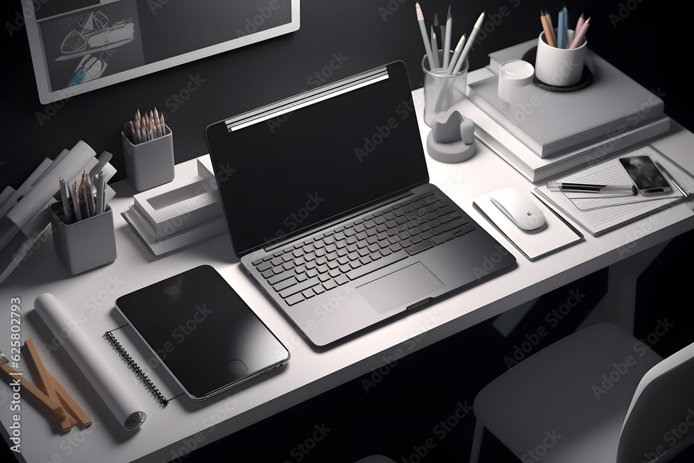 work desk with a laptop and writing tools, 3d rendering, isometric view. Generative AI