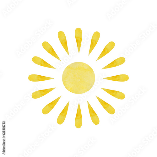 Sun isolated on a transparent background. Yellow watercolor sun clipart. Cute cartoon-style star. Summer object illustration. Simple sun icon. Weather  sign. Tropical doodle symbol.