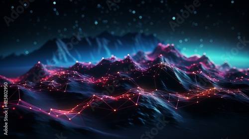 Mountain with a glowing lines and dots for technology and networking. Generative ai