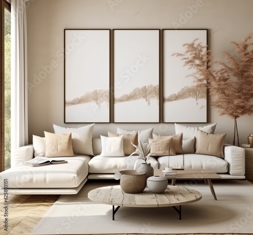 Mockup frame in interior background, room in light pastel colors, 3d render. Made with Generative AI technology