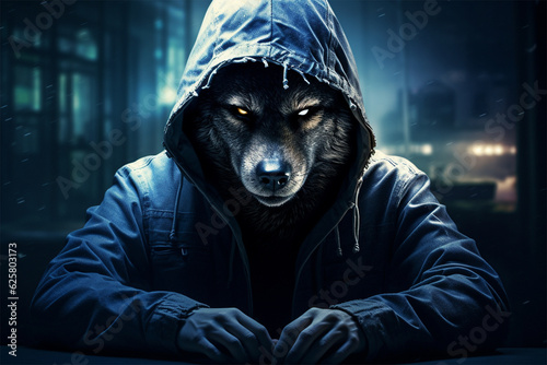 Portrait of a wolf in hood. Illustrate hacker or financial scam over the internet\