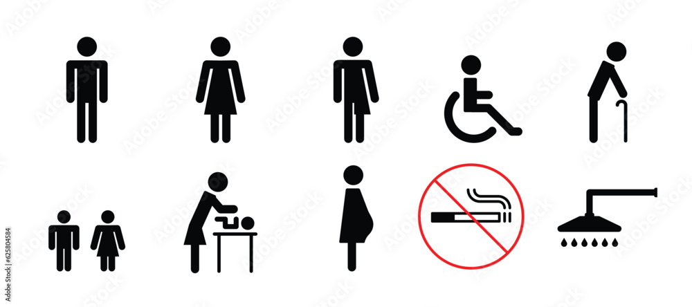 Toilet or WC icon set. Men, women, ladyboys and people with disabilities. Line and solid symbols. New concept art and modern design. Toilet or WC icon set. Men, women, ladyboys and people with disabilities. Line and solid symbols. New concept art and modern design.
