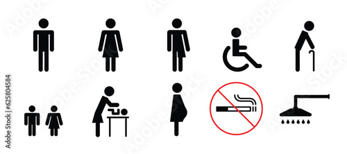 Toilet or WC icon set. Men, women, ladyboys and people with disabilities. Line and solid symbols. New concept art and modern design.