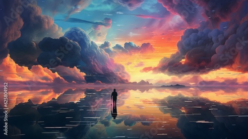 Silhouette of a person with a beautiful landscape, standing and watching an epic sky in the afternoon, wallpaper background. Generative ai