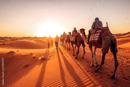 Arabs with Camels Tour in the Sahara Desert with Guided Berber Dubai Tour in Morning. Sunrise. Generative Ai.