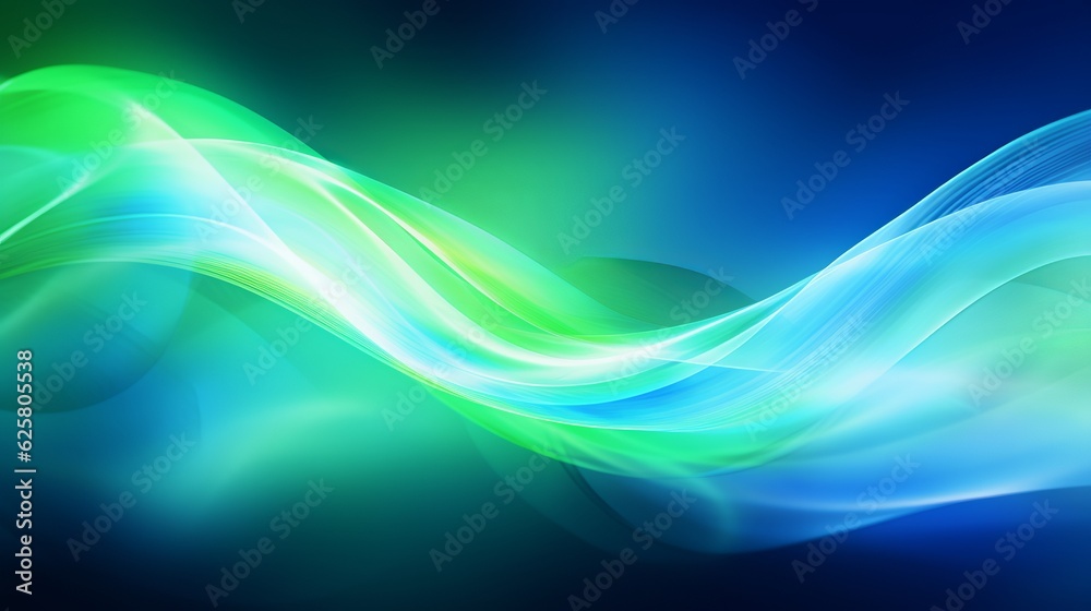 Abstract blue background with neon green light waves. Generative ai