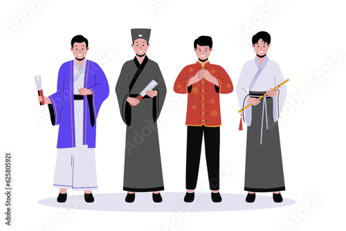 Chinese man in traditional clothes vector illustrations. Chinese male cartoon characters. Flat vector illustration isolated on white background