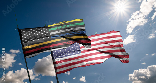 Thin Line First Responder American Flag Thin Line First Responder flag waving at cloudy sky background on sunset, panoramic view. copy space for wide banner.