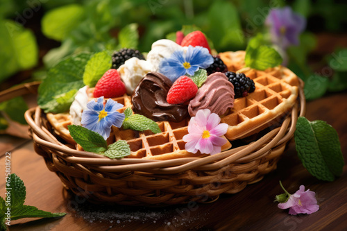 Wicker basket full of assorted ice cream on green background © Veniamin Kraskov
