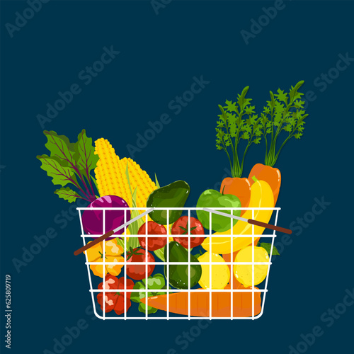 Vector illustration of fruits and vegetables in colorful shopping baskets blue background.