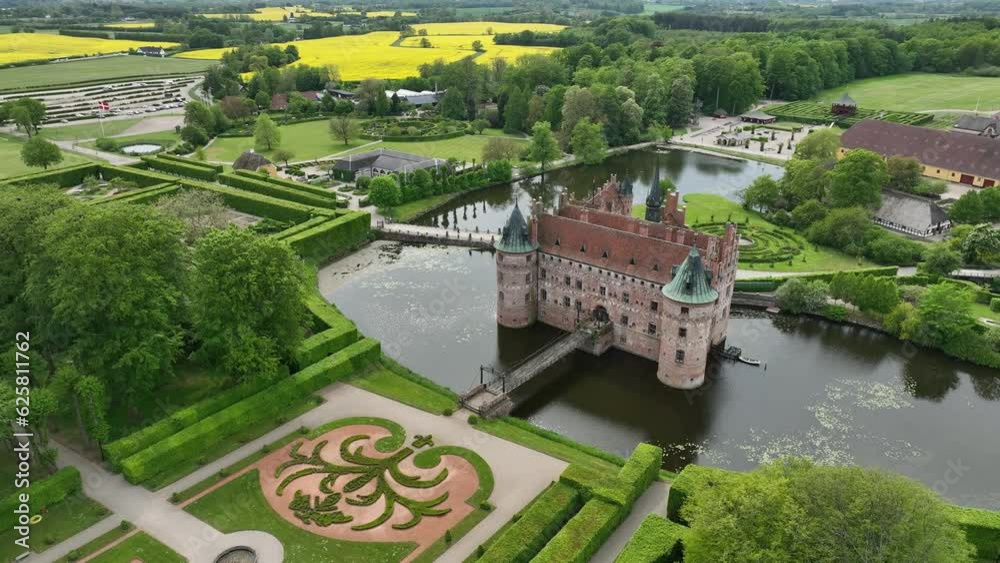 Aerial view, Denmark, Region Syddanmark, Kværndrup, Egeskov Castle with park, Renaissance garden Aerial view, Denmark, Region Syddanmark, Kværndrup, Egeskov Castle with park, Renaissance garden