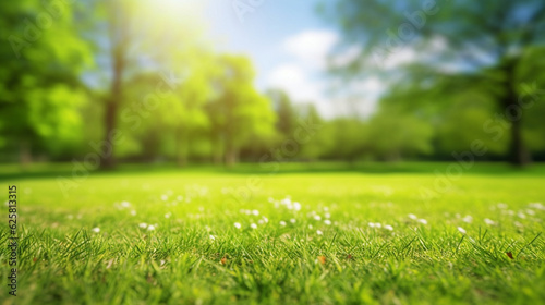 Beautiful blurred background image of spring nature with a neatly trimmed lawn surrounded by trees against a blue sky with clouds on a bright sunny day © alisaaa