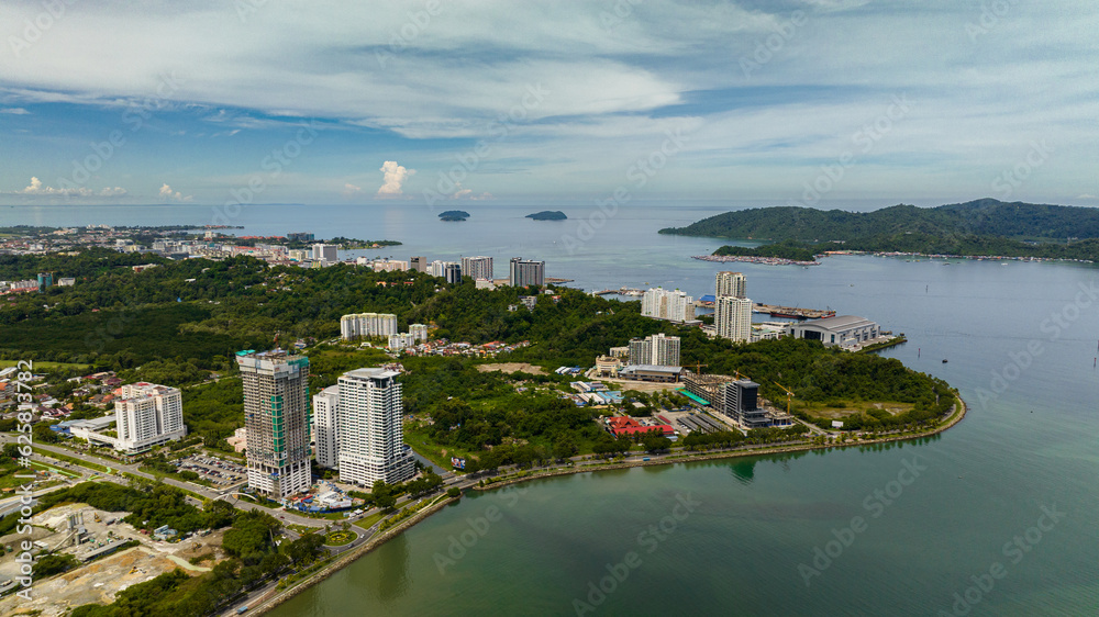Panorama of Kota Kinabalu city with modern buildings. Borneo,Sabah, Malaysia.