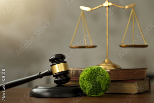 International Law and Environment Law. Green World and gavel with scales of justice and books. law for global economic regulation aligned with the principles of sustainable environmental conservation. photo