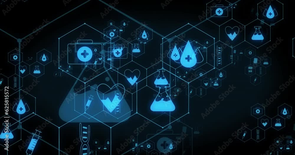 Animation of networks of blue medical icons on black background