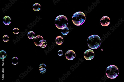 Soap bubbles floating on a black background, Generative AI